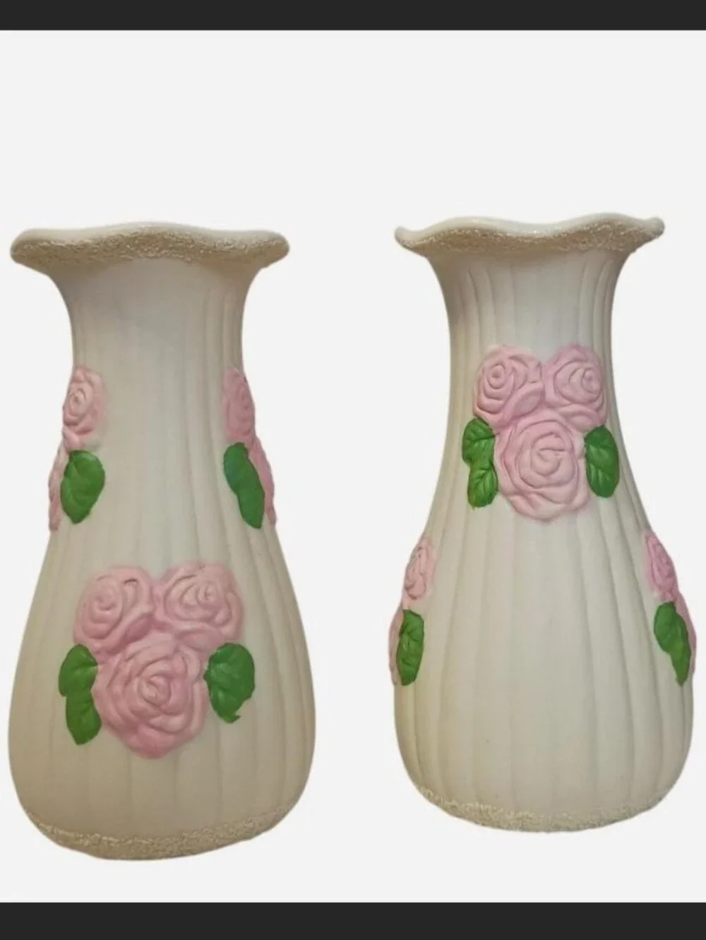 Vintage Set Of 2 Cream Colored Ceramic Vases W/ 3D Pink Rose Accents - Picture 2 of 8